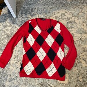 Tommy Hilfiger Red and Navy Argyle V-Neck Sweater L